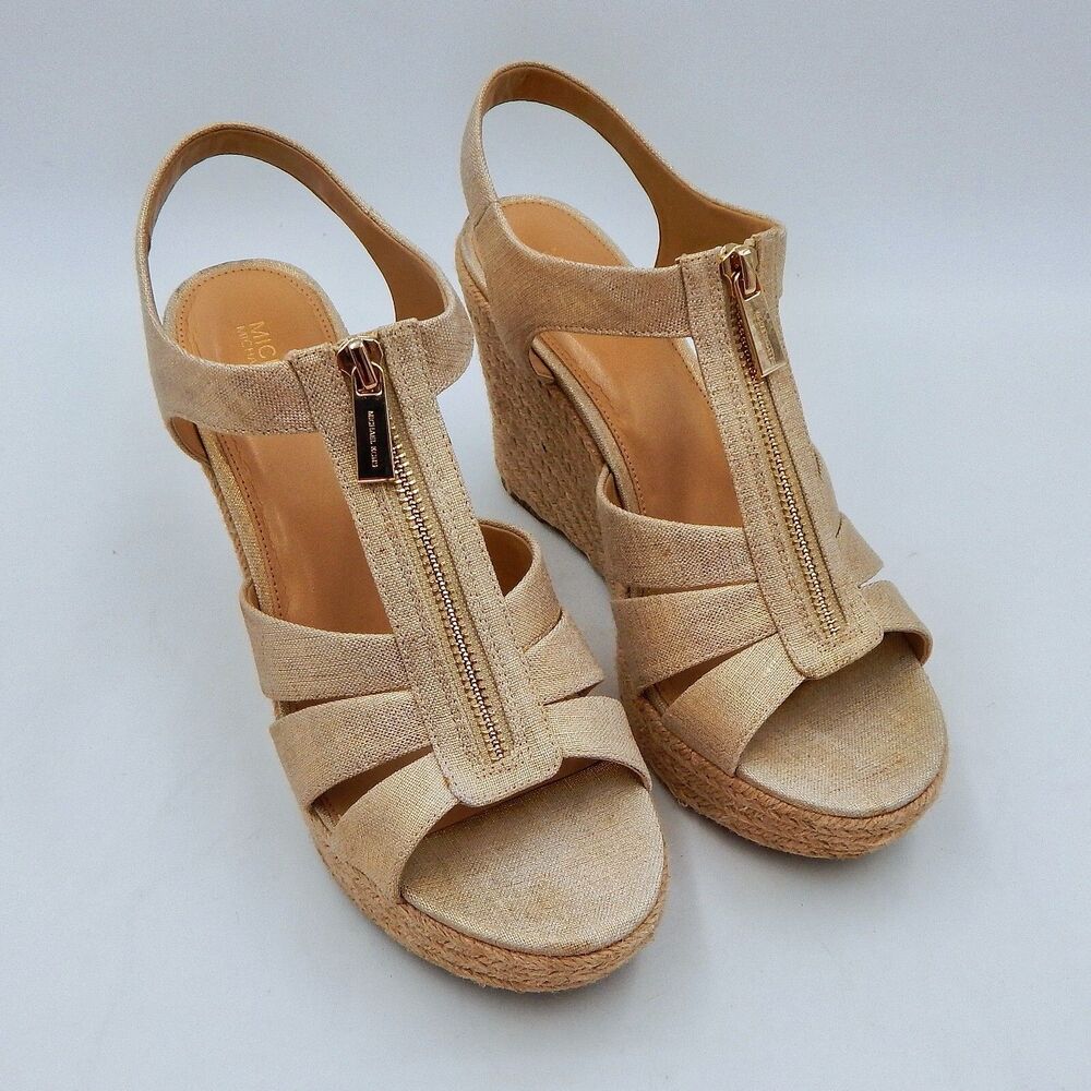 Michael Kors Berkley Women Wedge Sandals Metallic Linen Platform Gold SZ9 Zipper